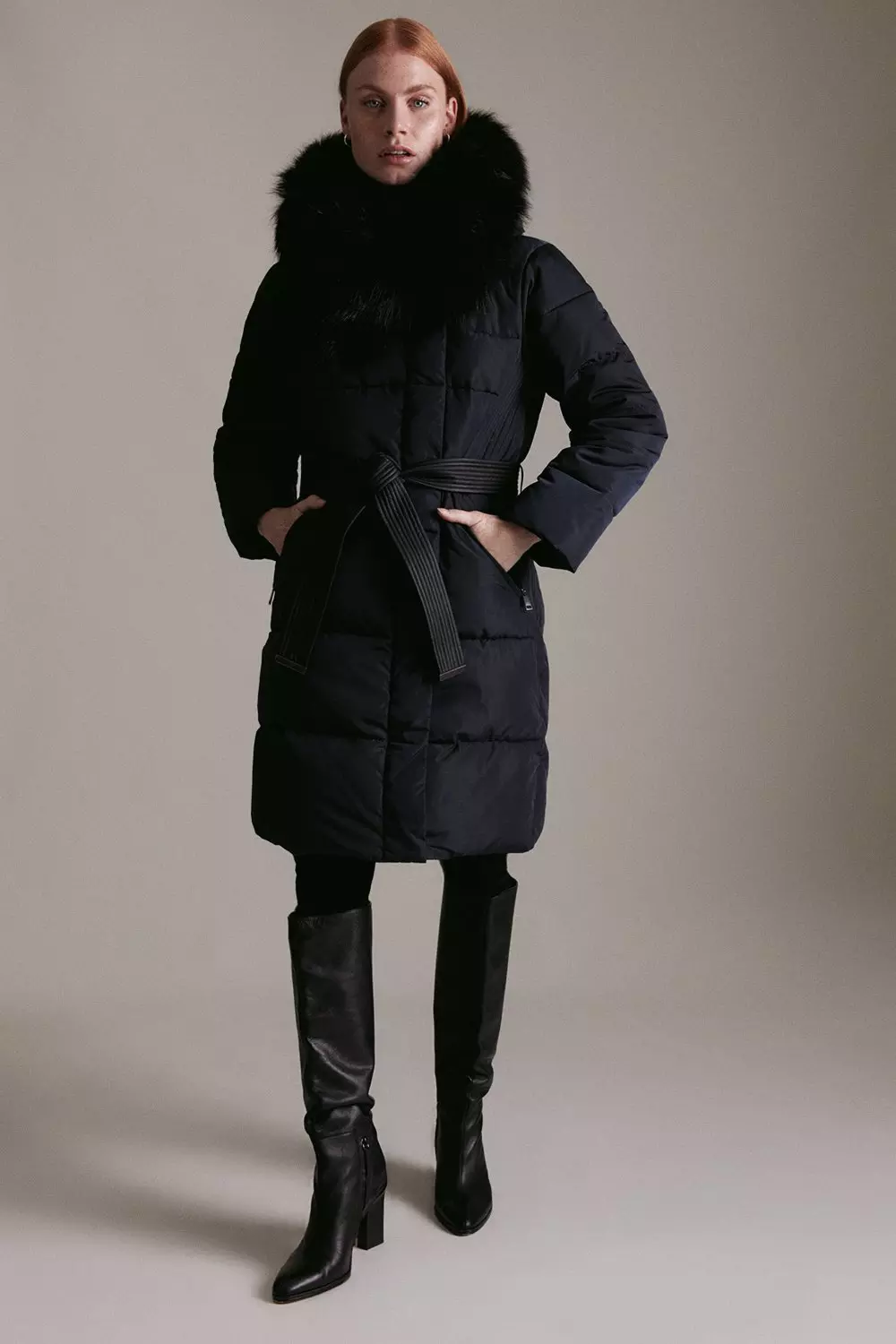 Navy belted store puffer jacket